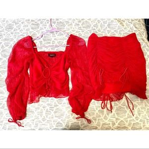 2 pc blush sheer puff sleeve crop set